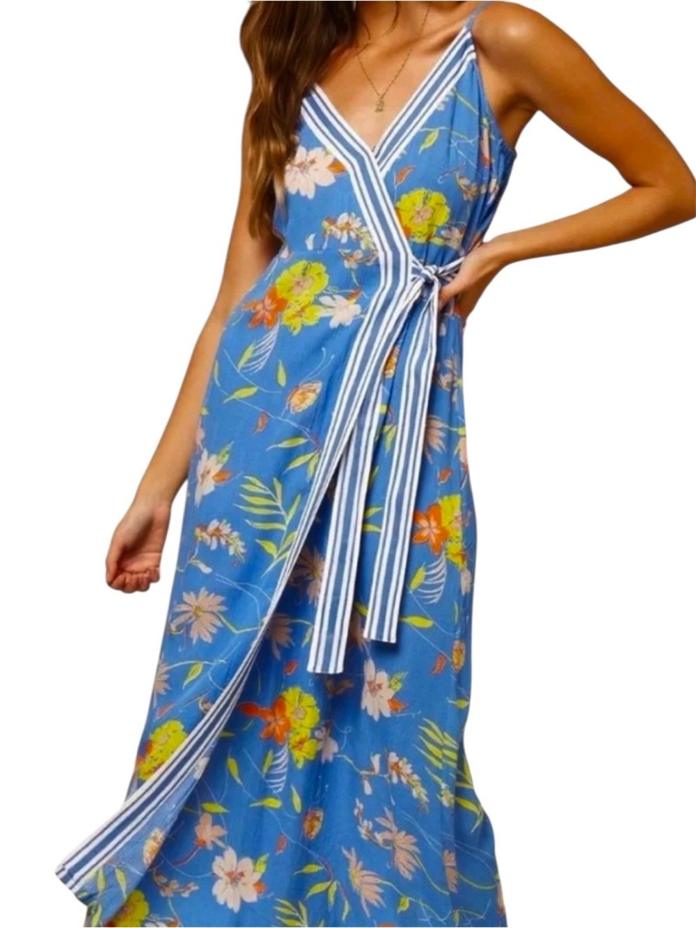 O'Neill Blue Cream Maxi Wrap Viscose Blue Floral Sundress Hawaiian Beach Small